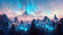Fantasy Landscape Of A Field Full Of Blue Flowers Illustration