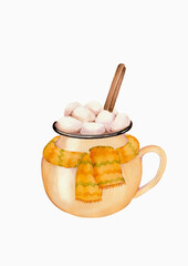 Hot beverage cup with scarf. Watercolor illustration.