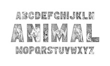 Cute Animals Font For Kids. Decorative Ancient Alphabet. Vintage Characters Typeface. Double Exposure Editable And Layered. Kangaroo, Octopus. Hand Drawn Vector Modern Antique Letters. Graphic ABC Zoo