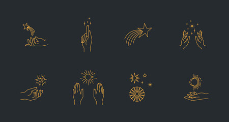 Wall Mural - Aesthetic astral hands. Collection of cosmic and celestial elements with sun, moon and stars. Isolated editable linear vectors.
