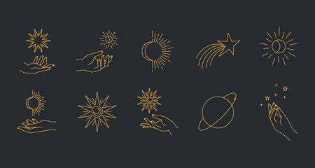 Wall Mural - Aesthetic astral hands. Collection of cosmic and celestial elements with sun, moon and stars. Isolated editable linear vectors.