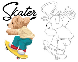 Wall Mural - Hand drawn vector illustration of teddy bear playing skateboard. Coloring book or page