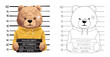 © Bhonard21 - Hand drawn vector illustration of arrested teddy bear posing for mugshot. Coloring book or page