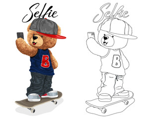 Wall Mural - Hand drawn vector illustration of teddy bear on skateboard taking selfie with smartphone