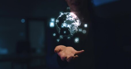 Leinwandbilder - Global hologram in IT business woman hand with scifi, cyberpunk or information technology in dark background. Futuristic, 3D holographic design in person palm for future ai globe networking software