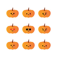 Wall Mural - set, collection, pack of pumpkin emoji, vector cartoon style icons of orange pumpkins characters wit