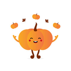 Wall Mural - cute and happy cartoon style orange pumpkin character juggling little pumpkins and maple leaves.