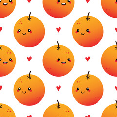 Wall Mural - Cute happy orange fruit characters and red hearts vector seamless pattern background.
