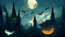 Halloween Forest Theme Bat Flying Moonlight