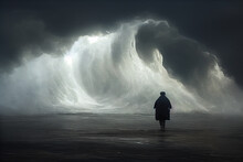 Llustration Of A Person Standing At The Beach In Front Of A Big Wave 