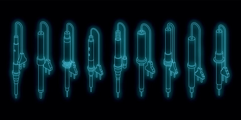 Wall Mural - Soldering iron icons set. Isometric set of soldering iron vector icons neon color on black