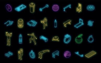 Wall Mural - Home training icons set. Isometric set of home training vector icons neon color on black
