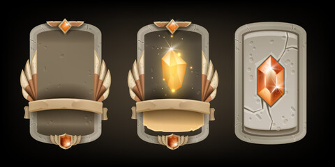 Game card stone kit, vector UI fantasy rock frame, magic RPG template border, vintage interface set. Medieval alchemy menu tile, yellow shiny crystal, healing gemstone. GUI game card design element