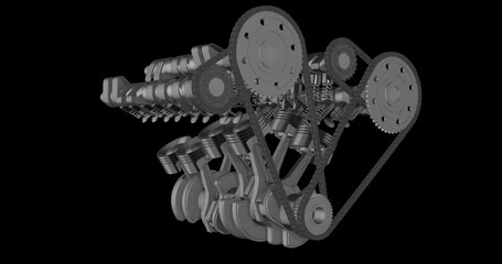 Fototapete - 3D V8 Engine Animation. Car Engine Is Working. Rotating 360 Degrees. Perfect Loop With Alpha Channel Included.