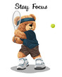 Hand drawn vector illustration of teddy bear playing tennis