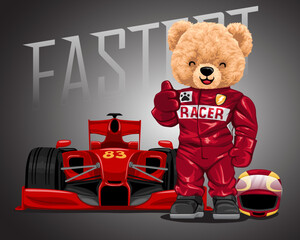 hand drawn vector illustration of teddy bear in racer costume with racing car