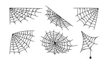 Black Web Hand Drawn Set. Spider Mesh Patterns With Halloween Party Ornament. Sticky Trap Of Intertwining Dangerous Vector Lines