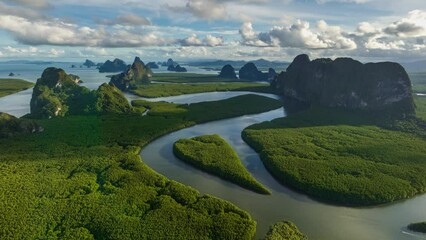 Wall Mural - 4K Hyperlapse aerial view drone flying backward over mangrove forest and mountain peak of Phang nga bay, Thailand
