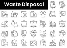 Set Of Outline Waste Disposal Icons. Minimalist Thin Linear Web Icons Bundle. Vector Illustration.