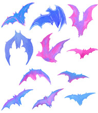 Bats Set Halloween Aesthetic Neon Blue Pink Handmade Painting Transparent Background