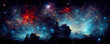 abstract space landscape with planets and flashes of stars and comets in blue and red colors