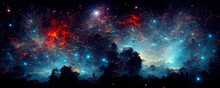 Abstract Space Landscape With Planets And Flashes Of Stars And Comets In Blue And Red Colors