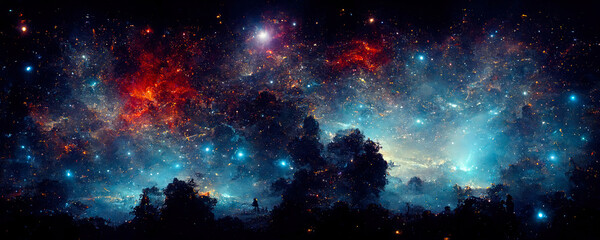Aufkleber - abstract space landscape with planets and flashes of stars and comets in blue and red colors