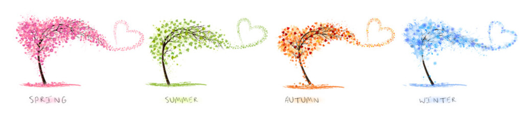 Aufkleber - Abstract four stylized trees with colorful leaves, snowflakes, hearts and heart shaped flowers representing different seasons: spring, summer, autumn, winter. Vector.