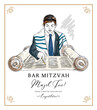 Jewish  boy reading Torah scroll on Bar Mitzvah ceremony. Hand drawing vector illustration.
