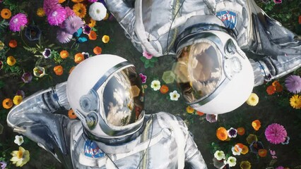 Wall Mural - the astronauts in love lying on a field of flowers and looking at each other through their space sui