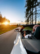 Adult man is driving with convertable car in sunny nature on a bright summer day. wide angle pursuit shot with high speed motion blur. vertical shot