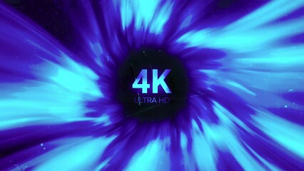 Wall Mural - Abstract colorful hyperspace tunnel through space time vortex. Motion. Sci Fi interstellar space travel through wormhole with 4K ultra hd inscription.