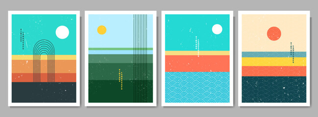 Wall Mural - vector illustration. abstract contemporary aesthetic backgrounds. flat landscape. sun in the sky. de