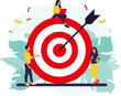 © елена калиничева - Business team achieving goal. Marketing strategy concept. People near huge target with arrow.