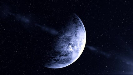 Wall Mural - Rotating cold planet in space. Motion. 3D planet rotates on background of space and flow of particles. Planet rotates with stream of bright particles and beam of light in dark space