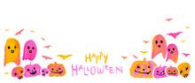 Cute Halloween Pumpkins, Bats, Ghost Card Orange Pink, Aesthetic Neon Handmade Painting White Background