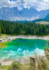 Wall Mural - Beautiful emerald Lago di Carezza lake in the Italian Alps  mountains