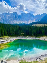 Wall Mural - Beautiful emerald Lago di Carezza lake in the Italian Alps  mountains