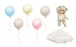 Teddy bear with air balloons..Watercolor illustration isolated on white background.