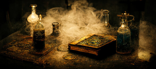 Grimoire of alchemy and magic of a medieval druid magician in the office of his terrifying castle