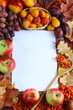 Tło kulinarne z jesiennymi owocami i białą kartką