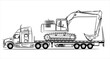 American Flatbed trailer truck abstract silhouette on white background. A hand drawn of a truck car. Trailer with axle extendable trailer rigged. Low Bed Trailer Truck with Excavator