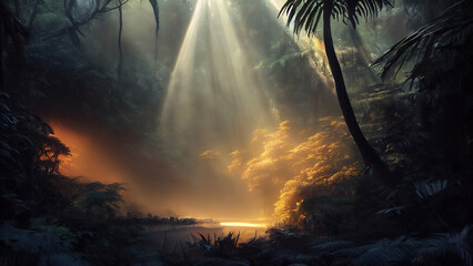 Wall Mural - Dark rainforest, sun rays through the trees, rich jungle greenery. Atmospheric fantasy forest. 3D illustration.