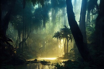 Dark rainforest, sun rays through the trees, rich jungle greenery. Atmospheric fantasy forest. 3D illustration.