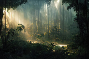 dark rainforest, sun rays through the trees, rich jungle greenery. atmospheric fantasy forest. 3d il