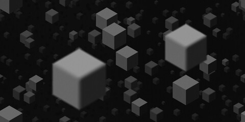 Wall Mural - Seamless dark black and white abstract floating isometric cubes background texture. Tileable charcoal grey geometric business backdrop or technology pattern. High resolution wallpaper 3D Rendering.