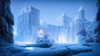 Leinwandbild Motiv Ancient stone winter castle. Fantasy snowy landscape with a castle. Magical luminous passage, crystal portal. Winter castle on the mountain, winter forest. 3D illustration