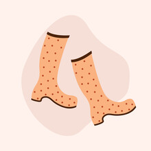 Rubber Boot Icon. Vector. Polka Dot Gumboots Isolated On White Background. Flat Design. Waterproof Shoe For Rainy Weather, Gardening, Fishing. Cartoon Colorful Illustration. Autumn Symbol
