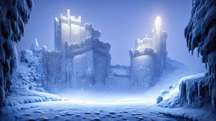  Ancient stone winter castle. Fantasy snowy landscape with a castle. Magical luminous passage, crystal portal. Winter castle on the mountain, winter forest. 3D illustration