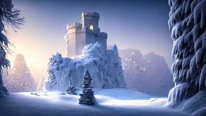 Ancient stone winter castle. Fantasy snowy landscape with a castle. Magical luminous passage, crystal portal. Winter castle on the mountain, winter forest. 3D illustration